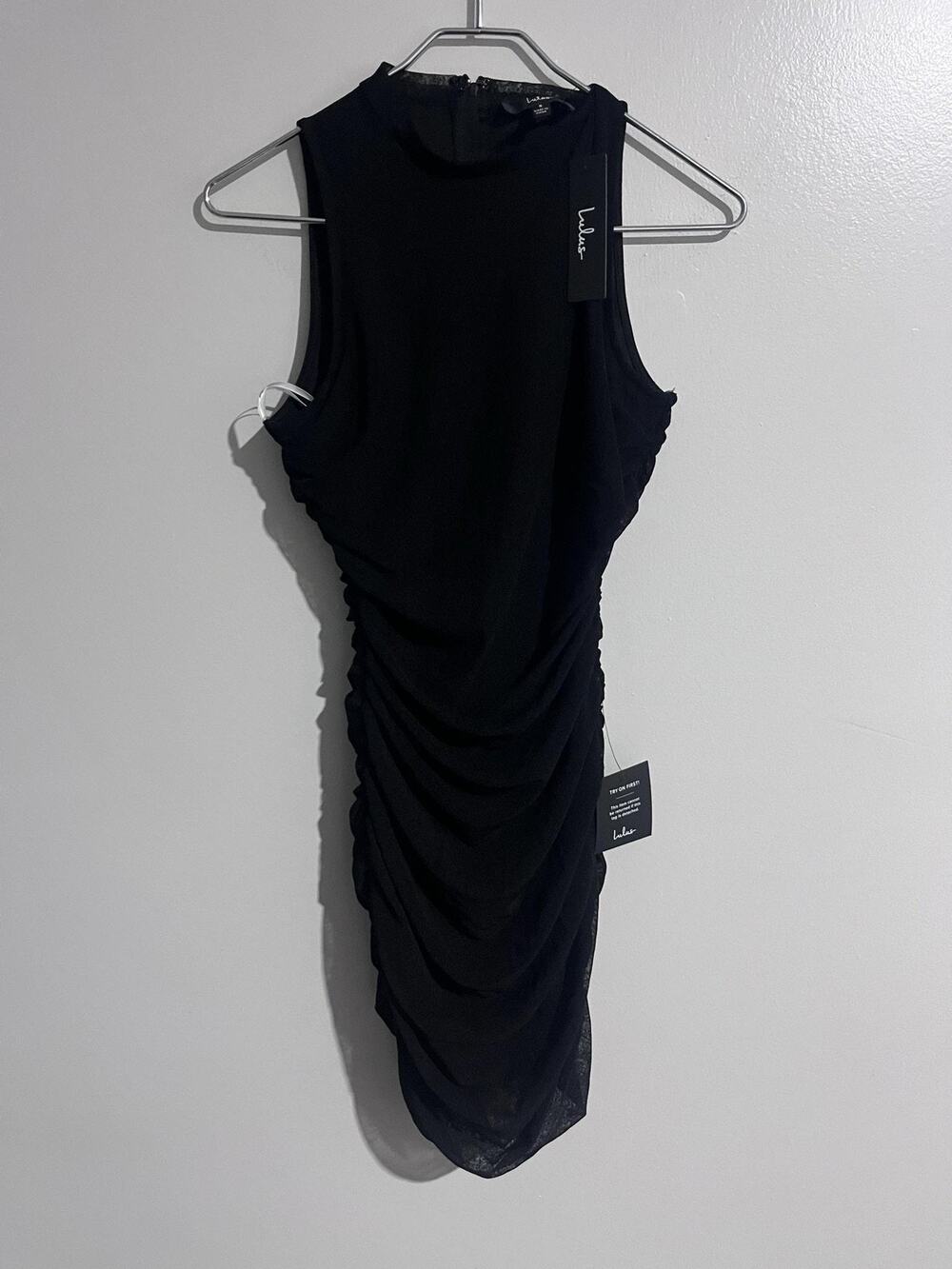 Lulus Dress Womens S Black Bodycon Knee Length High Neck Ruched Mesh Sleeveless